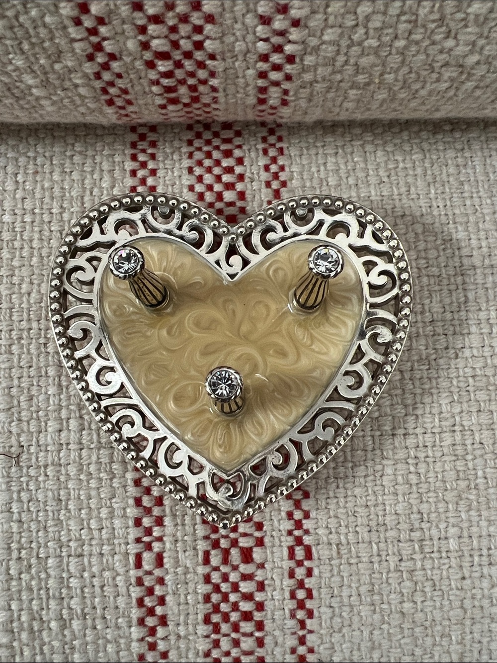 Brighton Heart-Shaped Silver Tone Ring Holder with Cream Enamel and Rhinestones